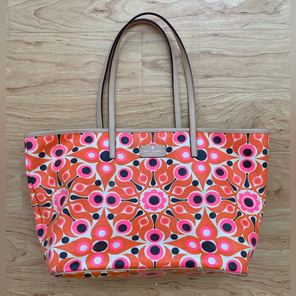 Kate Spade Women's Large Geometric Orange Pink Coated Canvas Tote Bag Beach Bag